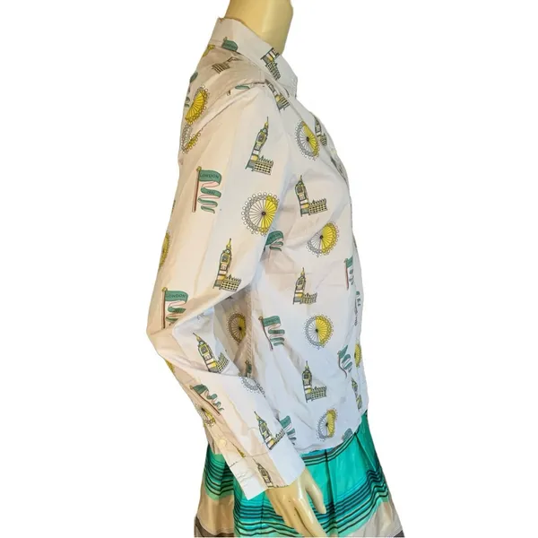 Boden Light Gray W/Yellow & Green London Theme Cotton Button Down Shirt (8) - Image 5