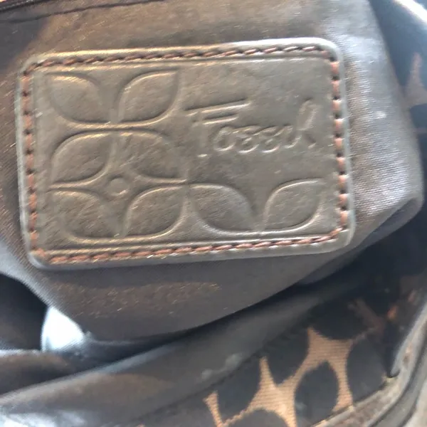 Fossil Brown Canvas Logo Leather Shoulder Strap Bag Purse With Key Fob Charm - Image 3