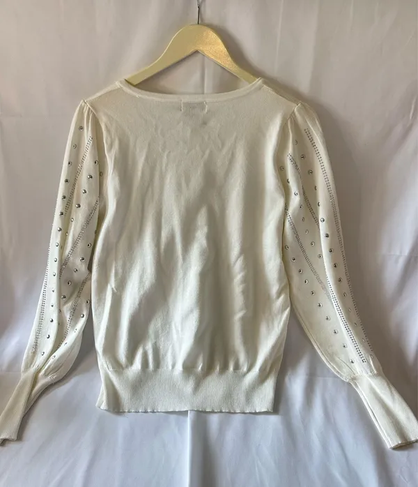 Carmen Marc Valvo Women's White Embellished Knit Square Neck Top Size L NWT - Image 8