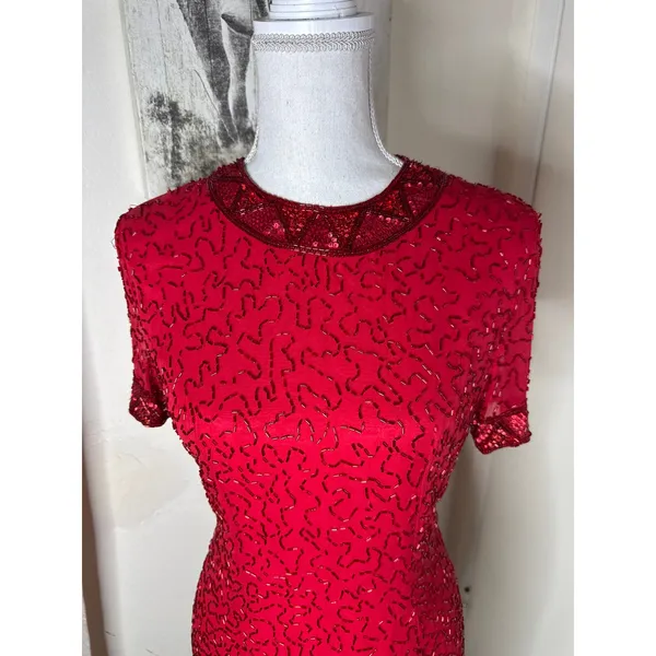Vintage 80s AJ Bari Beaded Silk Cocktail Dress Red Sheath Petite 6 Holiday Prom - Image 3