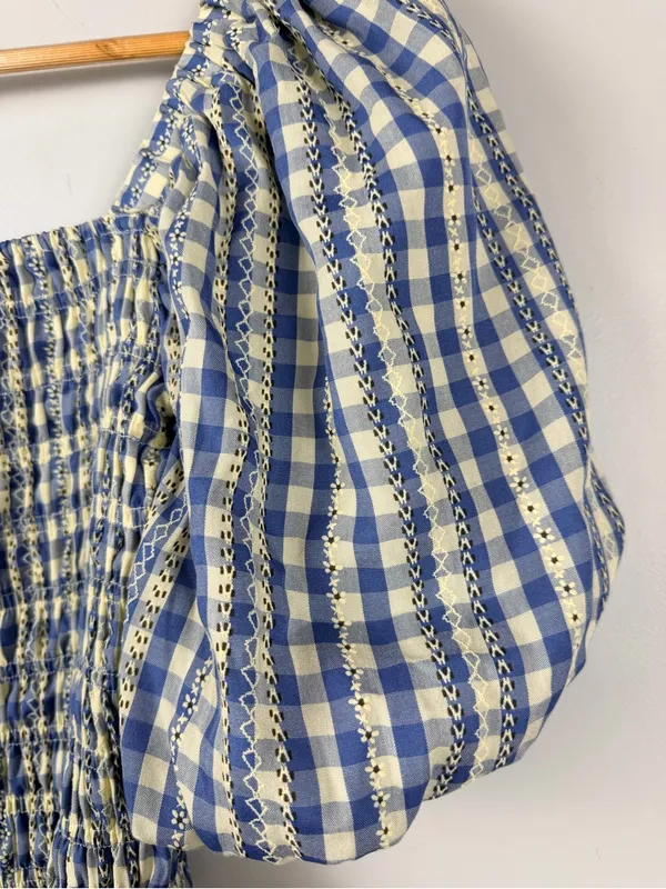 English factory blue cream gingham floral smocked puff sleeve top size XS - Image 2