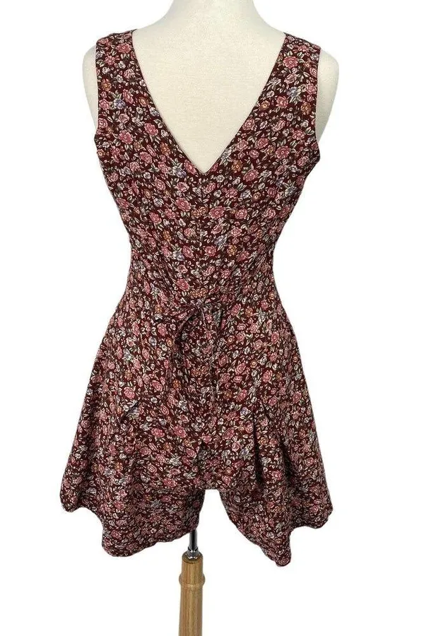 Vintage Sostanza Romper Ditsy Floral Button Front Mini Dress Burgundy Womens M - Image 8