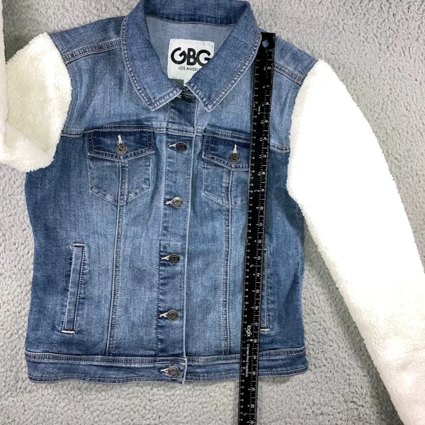 GBG Denim Jacket Sherpa Sleeve Womens S Trucker Blue Two Tone Cozy Cabin Fall - Image 10