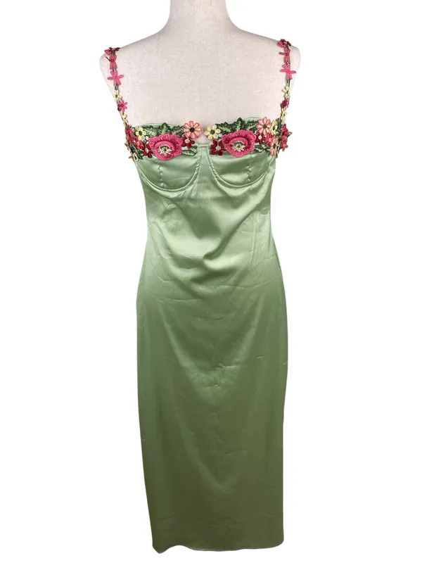 Y2K Fairycore Green Satin Slip Maxi Dress Size Medium Flower Strap Bodycon - Image 2