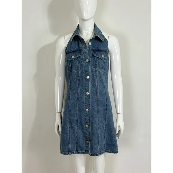 House of Harlow 1960 Women’s Denim Halter Mini Dress Backless Y2K Blue Size S - Image 3