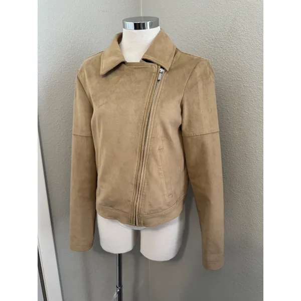 Halston Moto Jacket Faux Suede‎ Tan Zip Up Biker Coat Size 4 - Image 6