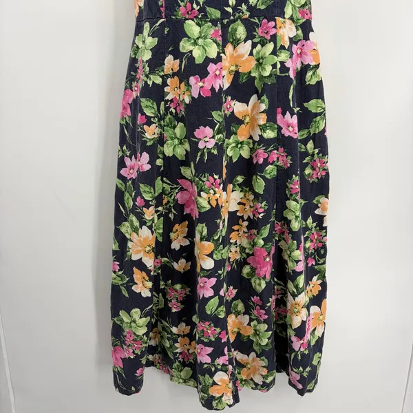 Old Navy Linen Blend Floral Midi Dress Sz L Cottagecore Milkmaid Coastal Navy - Image 4