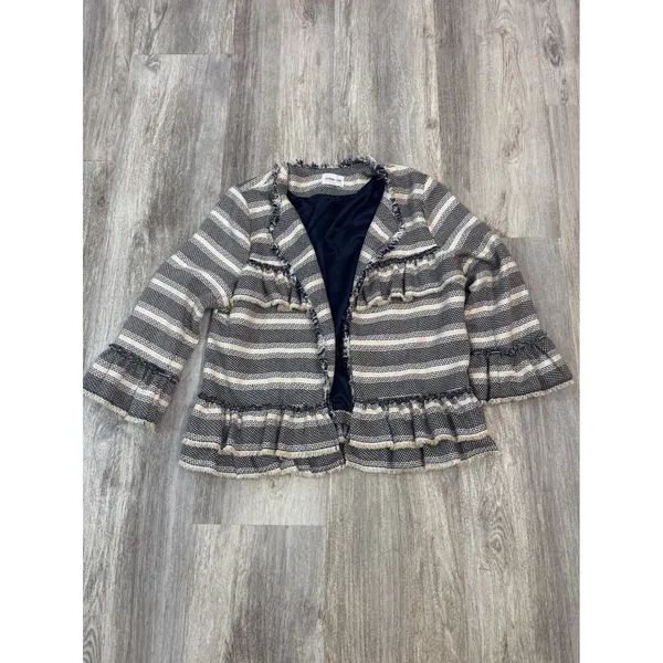 Sugarlips Striped Tweed Ruffle Jacket Navy Cream Frayed Edge Womens Size‎ Medium - Image 2