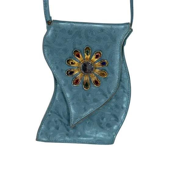 Vintage Blue Paisley Wave Shape Evening Bag Filigree Rhinestone Flower Crossbody - Image 2