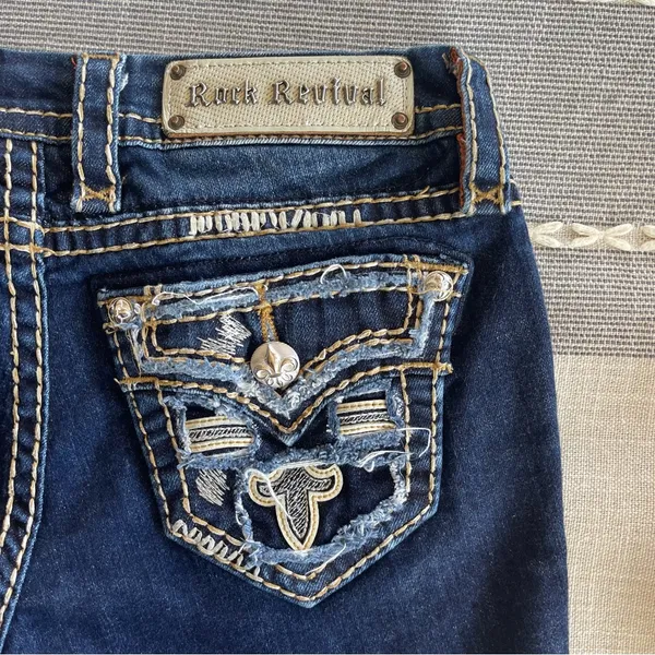 Rock Revival Karla Straight Leg Jeans Distressed Dark Wash Size 25 - Image 6