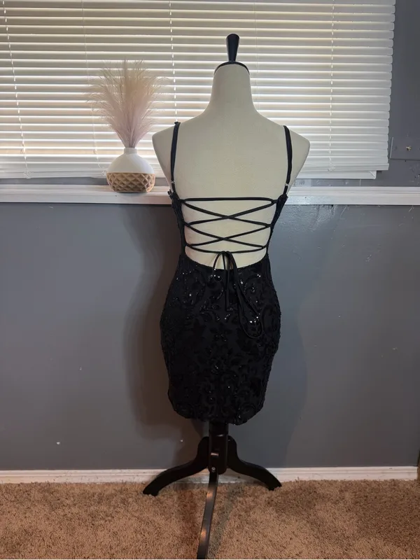 Lovesome Black Sequin Lace Up Open Back Bodycon Mini Dress Size M - Image 7