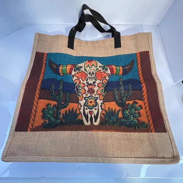 Jute Tote‎ Bag Day of the Dead Skull Cactus Desert Southwestern - Image 2