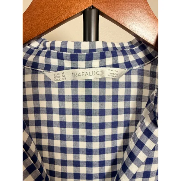 Zara Trafaluc Navy Blue Gingham Check Button Down Shirt Long Sleeve Medium - Image 2