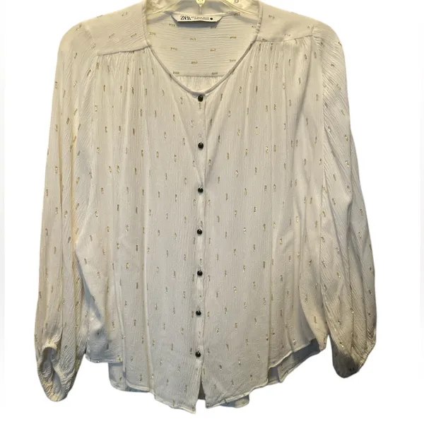 Zara gauze creamy white gold foil dot top - Image 2