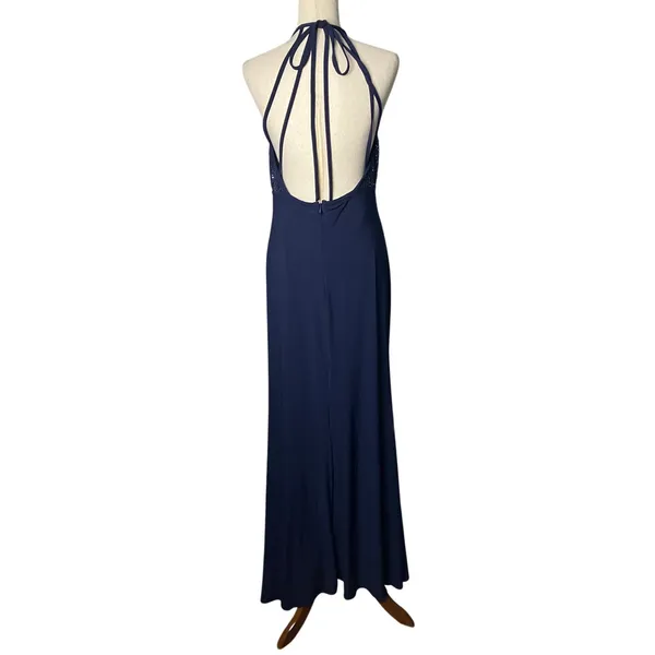 X by Xscape Navy Sequin Halter Keyhole Formal Maxi Gown Size 12 - Image 3
