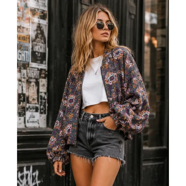 Free People Floral Bomber Jacket Balloon Sleeves Zip Front Boho Size Small - Image 2