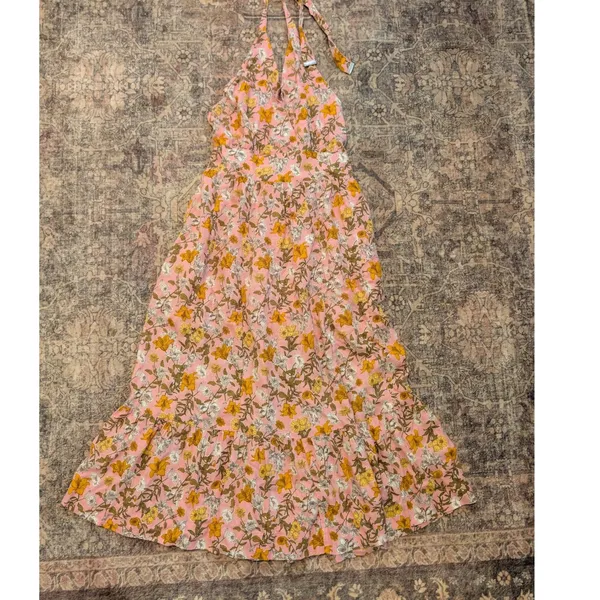 GB Made & Crafted Pink Floral Halter Maxi Dress Smocked Back Tiered Sun Dress - Image 2