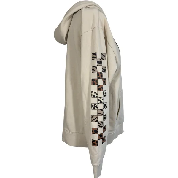 Vans Hoodie Womens Medium Cream Animal Print Checkerboard Fleece Pullover Casual - Image 2
