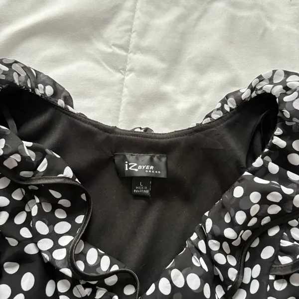 Vintage Mini Dress‎ Womens Large Black White Polka Dot 90s Y2K Belted Ruffle - Image 5