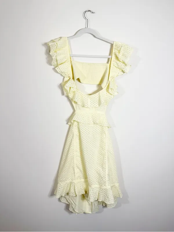 Majorelle Spencer Dress Mini in Lemon Cream Butter Yellow Eyelet Cut Out XL - Image 4
