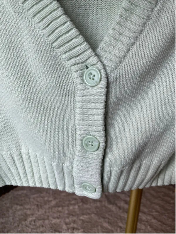 H&M Divided Knit Cropped Cardigan V Neck Button Coastal Preppy Mint Green L Boho - Image 4