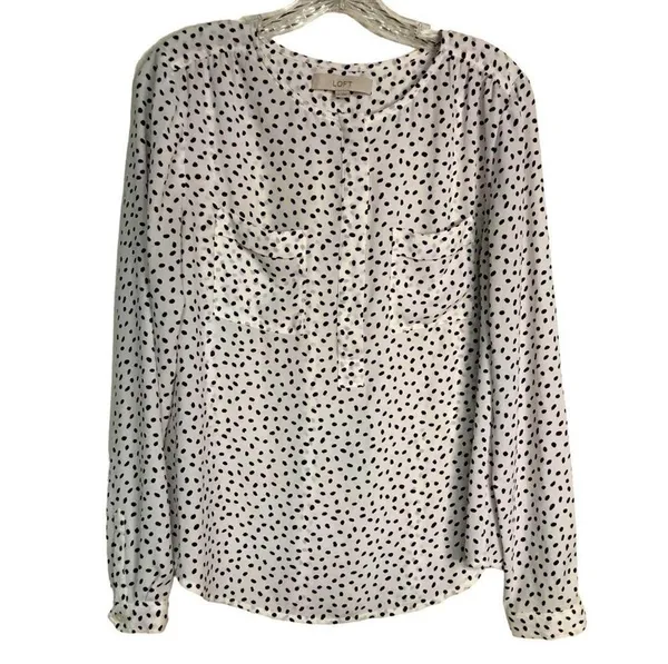 Loft Blouse Quarter Button Pockets White with Brown Polka Dots Size M - Image 3