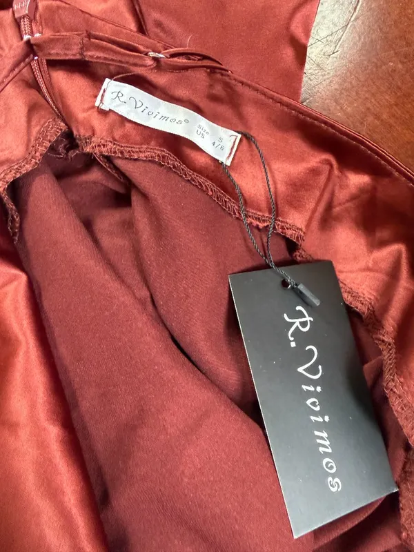 R. Vivimos Brown Satin Drape Neck Midi Dress Size Small 4/6 New NWT - Image 7