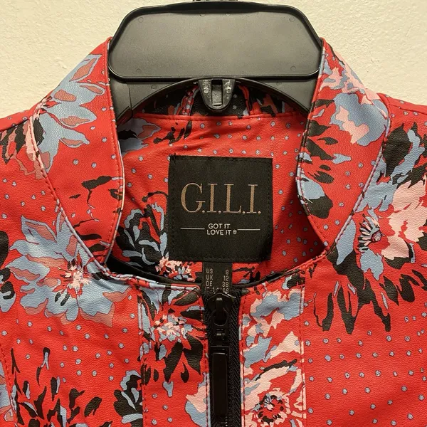 GILI Jacket Women‎ Sz 8 Red Black Floral Faux Leather Lined Full Zip Moto Rider - Image 2