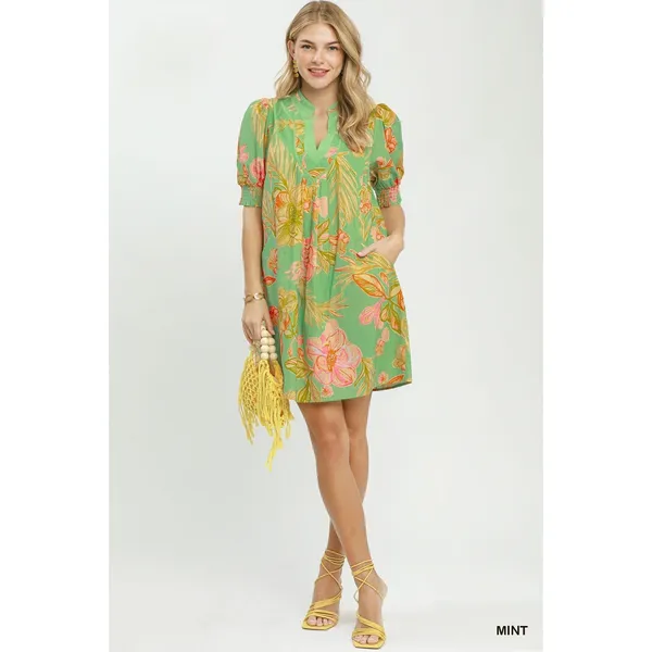 Umgee Botanical Print Dress with Smocked Cuffs - Mint - Small - Image 3