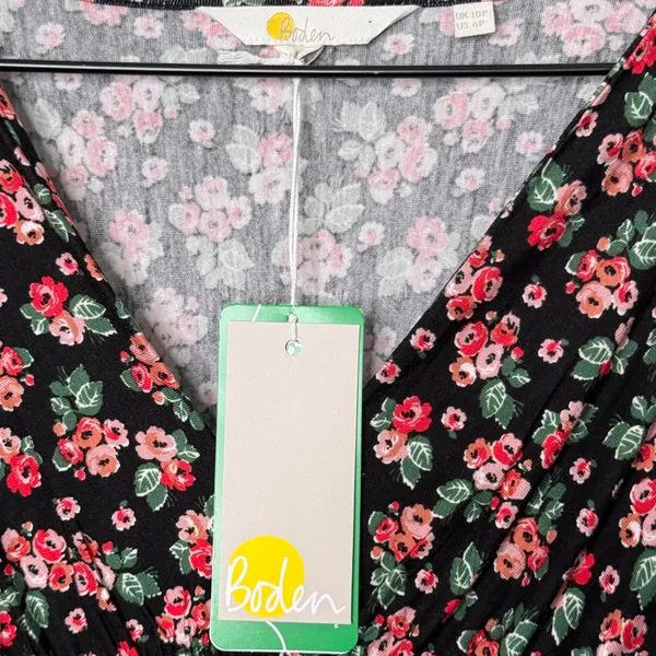 NWT Boden Women’s Jersey Tea Midi Dress Diamond Rose Floral Black Pink 6 Petite - Image 9