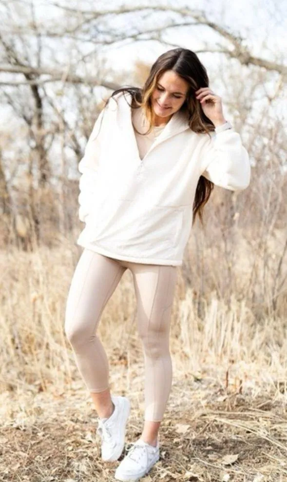 Fabletics Lotta Sherpa Half Zip Hooded Sweatshirt Jacket in peach tan - Image 4