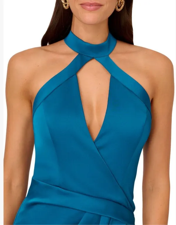 Anthropologie NWT LIV FOSTER CUTOUT HALTER GOWN WITH FAUX WRAP DETAILS IN PEACOCK. Size 6 - Image 3