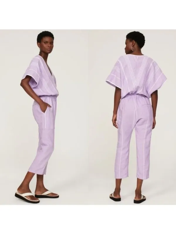 Paradised Merri Wrap Effect Stripe Jumpsuit XS Purple Beach Coverup Cotton - Image 4