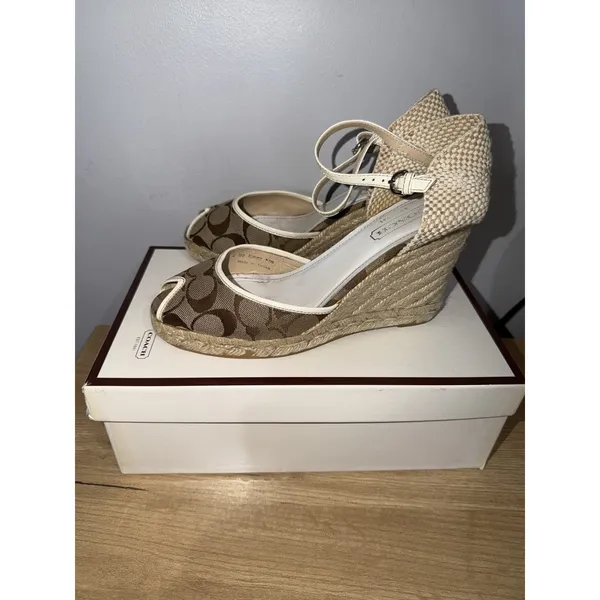 Coach Kimmy Wedge Sandals Khaki Gold Signature Size 8 Espadrille Straw Heels - Image 3