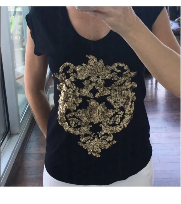 Express Gold Sequin Black Lace Back Top - Image 5
