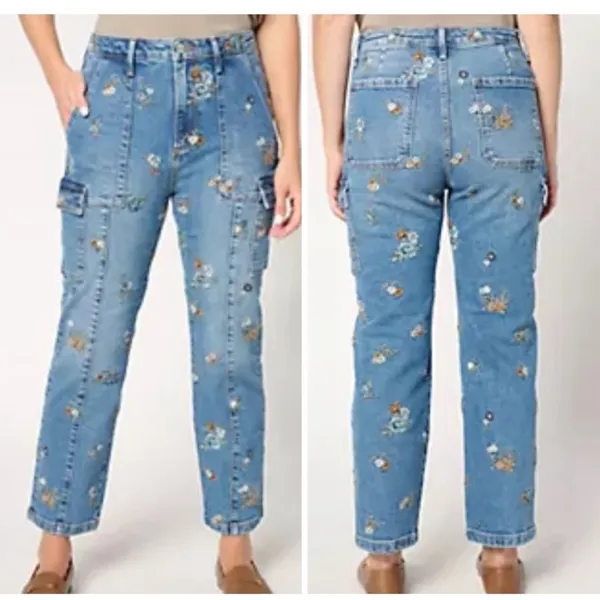 DRIFTWOOD Blue Floral Embroidered Cropped Jeans Royce Straight Leg Cargo Denim - Image 7