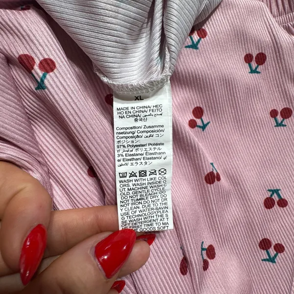Pink Cherry Print Ribbed Pajama Set Lace Trim Lettuce Edge XL Loungewear - Image 5