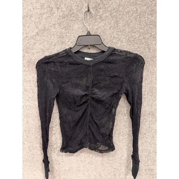 Free People Women Top XS Black Intimately Lace Ruched Front Long Sleeve Sheer - Image 2