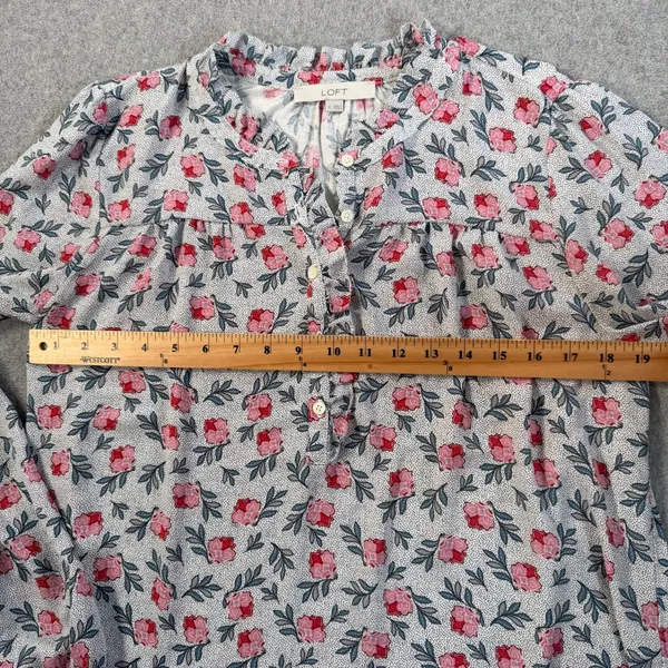 LOFT Women's Medium Floral Dotted Blouse Ruffle Neck Long Sleeve Button Top - Image 7