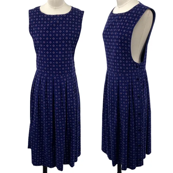 Vintage 90s American Eagle Corduroy Midi Dress Pinafore Pleated Printed Navy S - Image 2