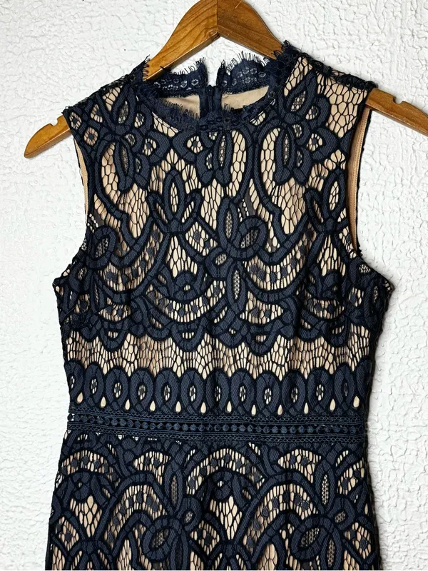 Lulu's Lovely Dusty Blue Lace Midi Dress with Nude Lining - Image 2