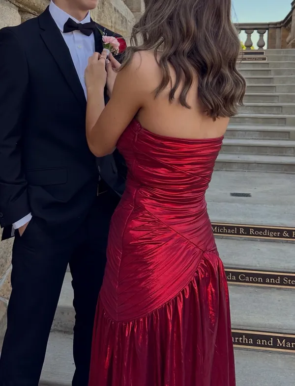 Red Mermaid Strapless Metallic Prom Dresses with Pleats - Image 2