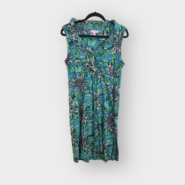Lilly Pulitzer Clare Dress Blue Green Floral Ruffle Sleeveless Midi Size Large - Image 2