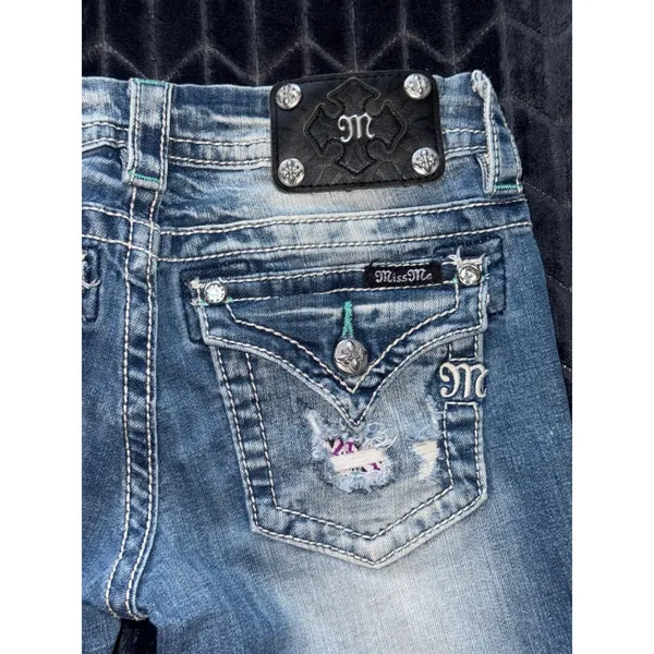 Miss Me Women's Blue Denim Embellished Low‎ Rise Signature Rise Cropped Size 25 - Image 4
