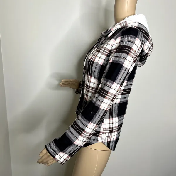 No Comment Black Pink Plaid Hooded Button Down Top - Image 2