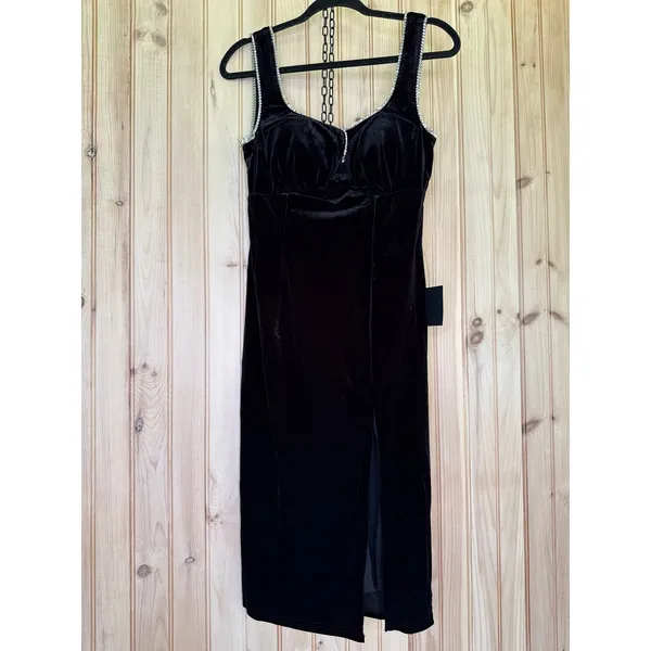 NWT Lulus Posh Sparkle Black Velvet Rhinestone Notched Midi Dress Party Size M - Image 2