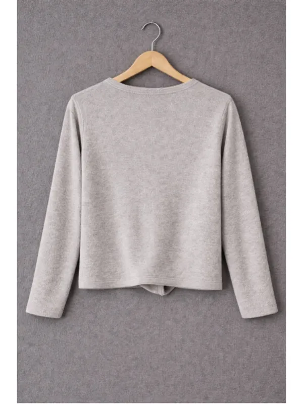 Barefoot Dreams CozyChic Ultra Lite Gray Tie Front Pullover‎ Sweater Size S - Image 2
