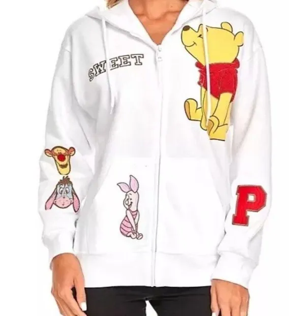 DISNEY Winnie The Pooh Women's Full Zip Sweatshirt Hoodie XL White NWT #33 - Image 4
