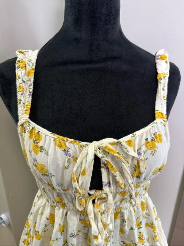 NWT Sim & Sam‎ Yellow White Linen Blend Floral Mini Dress Keyhole Sun Dress S - Image 3