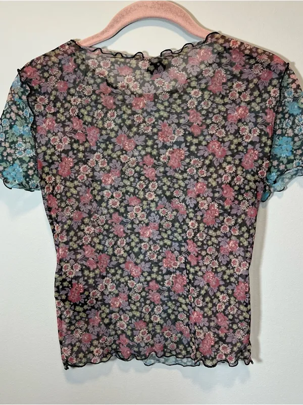 Urban Outfitters Women’s Pink Blue Floral Mesh Festival Top‎ Small - Image 6